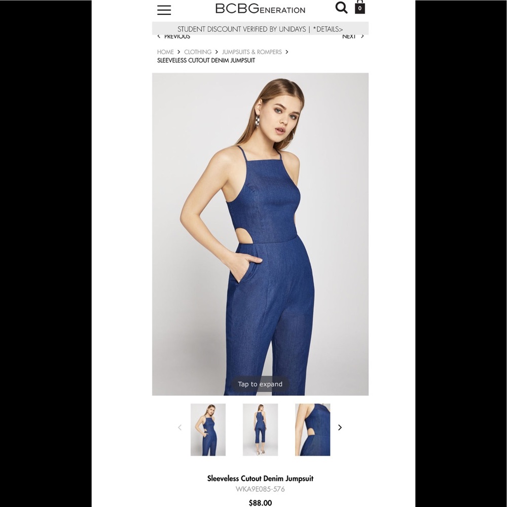 BCBGeneration Sleeveless Cutout Denim Jumpsuit